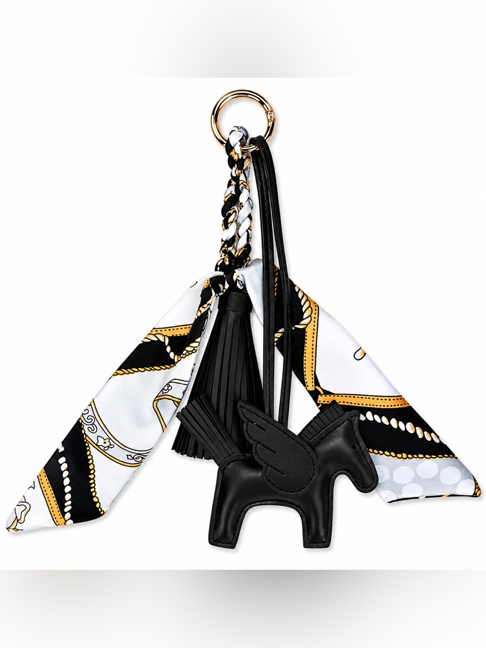 Pegasus Black Vegan Leather Horse Tassel Keychain with Scarf Accent